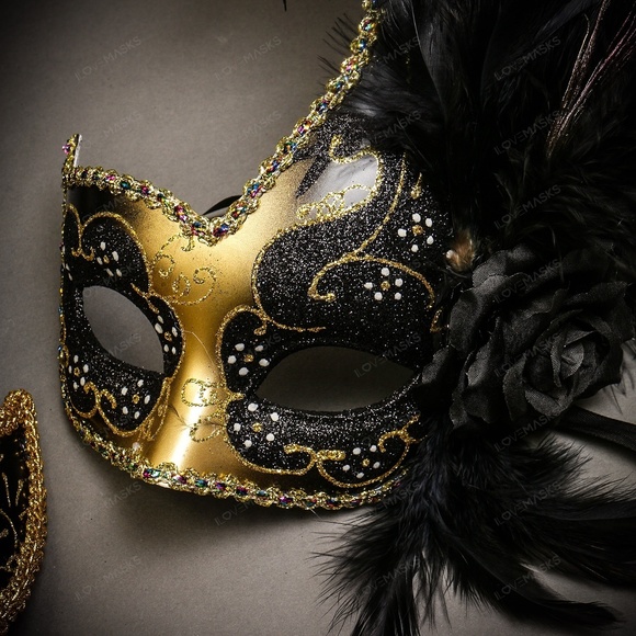 Gold Black Side Feather Glitter & Gold Black Mardi Gras Top Feather Combo Masks - Picture 3 of 3